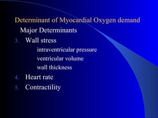 Determinant of Myocardial Oxygen demand Major Determinants Wall stress  intraventricular pressure ventricular volume wall thickness Heart rate Contractility 