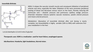 Isosorbide dinitrate
1,4,3,6-dianhydro-2,5-di-O-nitro-D-glucitol
MOA: It relaxes the vascular smooth muscle and consequent dilatation of peripheral
arteries and veins, especially the latter. Dilatation of the veins promotes peripheral
pooling of blood and decreases venous return to the heart, thereby reducing left
ventricular end – diastolic pressure and pulmonary capillary wedge pressure.
Arteriolar relaxation reduces systemic vascular resistance, systolic arterial pressure
and means arterial pressure.
Metabolism: Absorption of isosorbide dinitrate after oral dosing is nearly
complete, but bioavailability is highly variable (10% to 90%) with extensive first-
pass metabolism in the liver.
Therapeutic uses: ISDN is a medication used for heart failure, esophageal spasms
Adv.Reactions: Headache, light headedness, blurred vision.
 