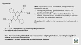 Dipyridamole
2,2',2'',2'''-(4,8-di(piperidin-1-yl)pyrimido[5,4-d]pyrimidine-
2,6-diyl)bis(azanetriyl)tetraethanol
MOA : Dipyridamole has two known effects, acting via different
mechanisms of action:
1. Dipyridamole inhibits the phosphodiesterase enzymes that
normally break down cAMP.
2. Dipyridamole inhibits the cellular reuptake of adenosine into
playelets, redblood cells and endothelial cells leading to increased
extracellular concentrations of adenosine.
Metabolism : It is used in the liver mainly excereted as glucoronoids in
bile
Uses : Dipyridamole likely inhibits both adenosine deaminase and phosphodiesterase, preventing the degradation
of cAMP, an inhibitor of platelet function.
Adv.Reactions : Dizziness, stomah upset, diarrhea, vomiting, headache.
 