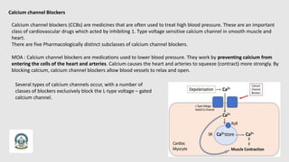 Calcium channel Blockers
Calcium channel blockers (CCBs) are medicines that are often used to treat high blood pressure. These are an important
class of cardiovascular drugs which acted by inhibiting 1. Type voltage sensitive calcium channel in smooth muscle and
heart.
There are five Pharmacologically distinct subclasses of calcium channel blockers.
MOA : Calcium channel blockers are medications used to lower blood pressure. They work by preventing calcium from
entering the cells of the heart and arteries. Calcium causes the heart and arteries to squeeze (contract) more strongly. By
blocking calcium, calcium channel blockers allow blood vessels to relax and open.
Several types of calcium channels occur, with a number of
classes of blockers exclusively block the L-type voltage – gated
calcium channel.
 