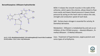 Benzothiazepines :Dilitazem hydrochloride
7
6
8
11
9
10
S
1
N
5
2
3
4
15
14
16
13
17
12
O
26
CH3
27
O
21
O
18
19
CH3
28
O
20
22
23
N
24
CH3
25
C
H3
29
cis (+) - (2 (2 -dimethylaminoethyl) -5-(4-methoxyphenyl)-3-oxo-6-thia-2-azabicylo
(5.4.0) undeca -7,9,11 -trien -4-yl) ethanoate
MOA: It relaxes the smooth muscles in the walls of the
artheries, which opens the arteries, allows blood to flow
more easily and lowers blood pressure.It lowers blood
pressure by acting on the heart rate to reduce the rate,
strength and conduction speed of each beat.
SAR : Tertiary basic nitrogen is essential for activity, N-
Demethyl derivative.
Metabolism : Dilitazem is metabolized by and acts as an
inhibitor of the CYP3A4 enzyme. – diacetyl diltazem ; N-
methyl diltiazem : O-Methyl diltiazem.
Uses : Treatment of hypertension, angina pectoris and
some types of arrhythymia.
 