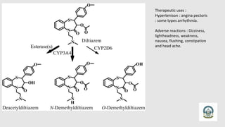 Therapeutic uses :
Hypertenison : angina pectoris
: some types arrhythmia.
Adverse reactions : Dizziness,
lightheadness, weakness,
nausea, flushing, constipation
and head ache.
 