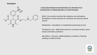 Nicardipine
2-[benzyl(methyl)amino]ethylmethyl-2,6-dimethyl-4-(3-
nitrophenyl)-1,4-dihydropyridine-3,5-dicarboxylate
MOA: It has similar activities like niedipine and amlodipine.
Nicardipine is more selective for cereberal and coronary blood
vessels.
Metabolism : Nicardipine is metabolized extensively by liver.
Therapeutic uses : High blood pressure, to prevent strokes, heart
attacks and kidney problems.
Adv.effects : Dizziness, Lightheadedness, headache, flushing,
swelling of ankles & feets.
 