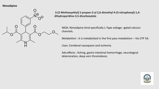 Nimodipine
3-(2-Methoxyethyl) 5-propan-2-yl 2,6-dimethyl-4-(3-nitrophenyl)-1,4-
dihydropyridine-3,5-dicarboxylate
MOA: Nimodipine bind specifically L-Type voltage –gated calcium
channels.
Metabolism : It is metabolized in the first pass metabolism – Via CYP 3A.
Uses: Cereberal vasospasm and ischemia
Adv.effects : Itching, gastro intestinal hemorrhage, neurological
deterioration, deep vein thromobosis.
 