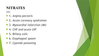 NITRATES
USES
 1. Angina pectoris
 2. Acute coronary syndromes
 3. Myocardial infarction (MI)
 4. CHF and acute LVF
 5. Biliary colic
 6. Esophageal spasm
 7. Cyanide poisoning
 