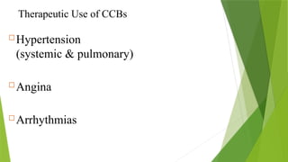Therapeutic Use of CCBs
 Hypertension
(systemic & pulmonary)
 Angina
 Arrhythmias
 