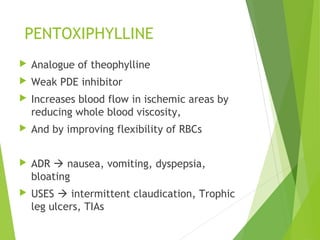 PENTOXIPHYLLINE
 Analogue of theophylline
 Weak PDE inhibitor
 Increases blood flow in ischemic areas by
reducing whole blood viscosity,
 And by improving flexibility of RBCs
 ADR  nausea, vomiting, dyspepsia,
bloating
 USES  intermittent claudication, Trophic
leg ulcers, TIAs
 