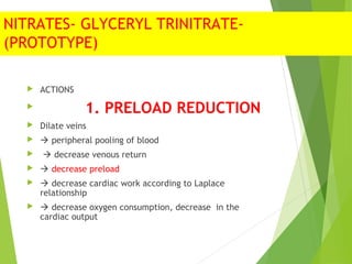 NITRATES- GLYCERYL TRINITRATE-
(PROTOTYPE)
 ACTIONS

1. PRELOAD REDUCTION
 Dilate veins
  peripheral pooling of blood
  decrease venous return
  decrease preload
  decrease cardiac work according to Laplace
relationship
  decrease oxygen consumption, decrease in the
cardiac output
 