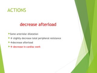 ACTIONS
decrease afterload
Some arteriolar dilatation
 slightly decrease total peripheral resistance
decrease afterload
 decrease in cardiac work
 