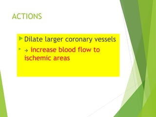 ACTIONS
Dilate larger coronary vessels

 increase blood flow to
ischemic areas
 