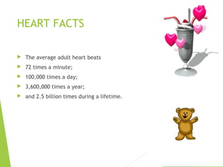 HEART FACTS
 The average adult heart beats
 72 times a minute;
 100,000 times a day;
 3,600,000 times a year;
 and 2.5 billion times during a lifetime.
 