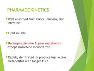 PHARMACOKINETICS
Well absorbed from buccal mucosa, skin,
intestine
Lipid soluble
Undergo extensive 1st
pass metabolism
except isosorbide mononitrate
Rapidly denitrated  produce less active
metabolites with longer t1/2
 