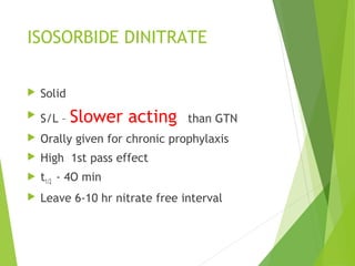 ISOSORBIDE DINITRATE
 Solid
 S/L – Slower acting than GTN
 Orally given for chronic prophylaxis
 High 1st pass effect
 t1/2 - 4O min
 Leave 6-10 hr nitrate free interval
 