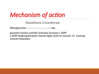 Mechanism of action
Glutathione S-transferase
Nitroglycerine ———————— No.
guanylyl cyclase and NO activates increase c GMP
c GMP dephosphorylate myosin light chain to myosin- LC Causing
muscle relaxation.
 
