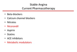 Stable Angina Current Pharmacotherapy Beta-blockers Calcium channel blockers Nitrates Nicorandil Aspirin Statins ACE inhibitors Metabolic modulators 