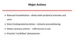 Major Actions  Balanced Vasodilatation – dilates both peripheral arterioles and veins Direct Cardioprotective Action – Ischemic preconditioning Dilates coronary arteries -  <100 microns in size Prevents “no Reflow” phenomenon 