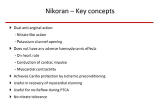 Nikoran – Key concepts Dual anti anginal action  - Nitrate like action - Potassium channel opening Does not have any adverse haemodynamic effects - On heart rate - Conduction of cardiac impulse - Myocardial contractility Achieves Cardio protection by Ischemic preconditioning Useful in recovery of myocardial stunning Useful for no-Reflow during PTCA No nitrate tolerance 