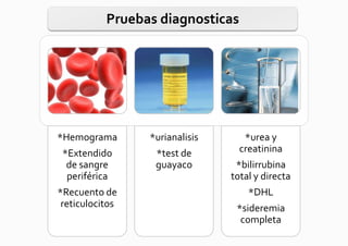 Pruebas diagnosticas




*Hemograma       *urianalisis      *urea y
 *Extendido       *test de        creatinina
  de sangre       guayaco        *bilirrubina
  periférica                    total y directa
*Recuento de                        *DHL
 reticulocitos                   *sideremia
                                  completa
 