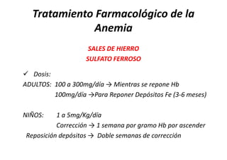 Tratamiento Farmacológico de la
             Anemia
                    SALES DE HIERRO
                   SULFATO FERROSO

 Dosis:
ADULTOS: 100 a 300mg/día → Mientras se repone Hb
         100mg/día →Para Reponer Depósitos Fe (3-6 meses)

NIÑOS:    1 a 5mg/Kg/día
          Corrección → 1 semana por gramo Hb por ascender
Reposición depósitos → Doble semanas de corrección
 