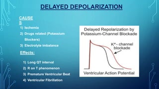 DELAYED DEPOLARIZATION
CAUSE
S:
1) Ischemia
2) Drugs related (Potassium
Blockers)
3) Electrolyte imbalance
Effects:
1) Long QT interval
2) R on T phenomenon
3) Premature Ventricular Beat
4) Ventricular Fibrillation
 