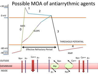 +30 mV
0 mV
-80 mV
-90 mV
OUTSIDE
MEMBRANE
INSIDE
Na+
0
4
3
2
1
K+
Ca++ K+
Atp
K+
Na+
K+
Ca++
Na+
Na+ Ca++ K+
RATE
SLOPE
Effective Refractory Period
RMP
THRESHOLD POTENTIAL
Possible MOA of antiarrythmic agents
 