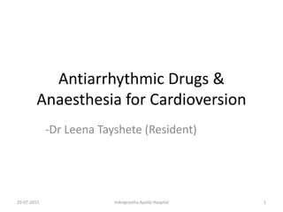 Antiarrhythmic Drugs &
Anaesthesia for Cardioversion
-Dr Leena Tayshete (Resident)
29-07-2015 1Indraprastha Apollo Hospital
 