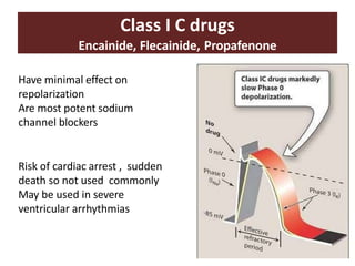 Class I C drugs
Encainide, Flecainide, Propafenone
Have minimal effect on
repolarization
Are most potent sodium
channel blockers
Risk of cardiac arrest , sudden
death so not used commonly
May be used in severe
ventricular arrhythmias
 