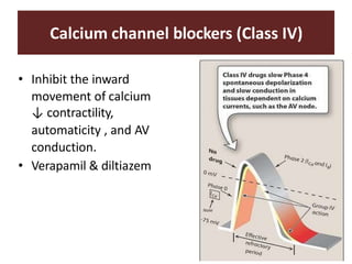 Calcium channel blockers (Class IV)
• Inhibit the inward
movement of calcium
↓ contractility,
automaticity , and AV
conduction.
• Verapamil & diltiazem
 