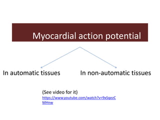Myocardial action potential
In automatic tissues In non-automatic tissues
(See video for it)
https://www.youtube.com/watch?v=9xSqezC
MHnw
 
