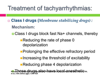 Treatment of tachyarrhythmias:
 Class I drugs (Membrane stabilizing drugs) :
Mechanism:
 Class I drugs block fast Na+ channels, thereby
Reducing the rate of phase 0
depolarization
Prolonging the effective refractory period
Increasing the threshold of excitability
Reducing phase 4 depolarization
 These drugs also have local anestheticWoosely RL. Antiarrhythmic drugs. Hurst’s The Heart (Ed. Fuster V, Alexander RW, O’Rourke RA,
et al.) 10th edition.2001;1:899–924
 