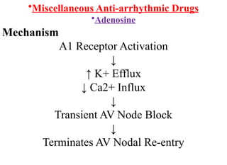 •Miscellaneous Anti-arrhythmic Drugs
•Adenosine
Mechanism
A1 Receptor Activation
↓
↑ K+ Efflux
↓ Ca2+ Influx
↓
Transient AV Node Block
↓
Terminates AV Nodal Re-entry
 