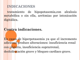 INDICACIONES tratamiento de hipopotasemia,con alcalosis metabólica o sin ella, arritmias por intoxicación digitàlica . Con...
