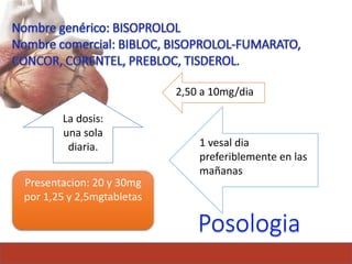 1 vesal dia
preferiblemente en las
mañanas
2,50 a 10mg/dia
La dosis:
una sola
diaria.
Presentacion: 20 y 30mg
por 1,25 y 2,5mgtabletas
 