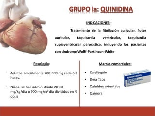 INDICACIONES:
Tratamiento de la fibrilación auricular, fluter
auricular, taquicardia ventricular, taquicardia
supraventricular paroxística, incluyendo los pacientes
con síndrome Wolff-Parkinson-White
Posologia:
• Adultos: inicialmente 200-300 mg cada 6-8
horas.
• Niños: se han administrado 20-60
mg/kg/día o 900 mg/m2 día divididos en 4
dosis
Marcas comerciales:
• Cardioquin
• Dura Tabs
• Quinidex extentabs
• Quinora
 