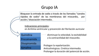 Grupo IA
Bloquean la entrada de sodio a través de los llamados "canales
rápidos de sodio" de las membranas del miocardio, por
acción / disociación intermedia .
Bloquean la entrada de sodio a través de los llamados "canales
rápidos de sodio" de las membranas del miocardio, por
acción / disociación intermedia .
disminuye la velocidad, la excitabilidad
y la contractilidad del miocardio.
Prologan la repolarización.
Anticolinérgicos. Cinética intermedia.
Prolongan la duración del potencial de acción.
Indicaciones principales:
en Arritmia ventricular y prevención de Fibrilación auricular
 