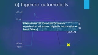 b) Trigerred automaticity
+30 mV
0 mV
-80 mV
-90 mV
Delayed After
Depolarisation
(DAD)
Intracellular cal. Overload (Ischemia
reperfusion, adr.stress, digitalis intoxication or
heart failure)
 