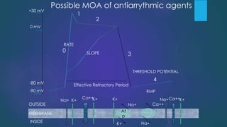 +30 mV
0 mV
-80 mV
-90 mV
OUTSIDE
MEMBRANE
INSIDE
Na+
0
4
3
2
1
K+
Ca++K+
At
p
K+
Na+
K+
Ca++
Na+
Na+Ca++K+
RATE
SLOPE
Effective Refractory Period
RMP
THRESHOLD POTENTIAL
Possible MOA of antiarrythmic agents
 