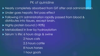 PK of quinidine
 Nearly completely absorbed from GIT after oral administration
 Under goes hepatic first pass effect
 Following I/V administration rapidly passed from blood &
distributes into tissues, except brain.
 Highly protein bound (~90%)
 Metabolized in liver by hydroxylation
 Serum ½ life: 6 hours dogs & swine
2 hours cats
2.5 hours cattle
8 hours horses
1 hour goats
 