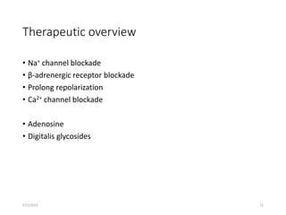 Therapeutic overview
• Na+ channel blockade
• β-adrenergic receptor blockade
• Prolong repolarization
• Ca2+ channel blockade
• Adenosine
• Digitalis glycosides
2/12/2022 21
 