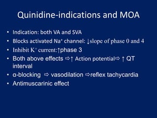 Quinidine-indications and MOA
• Indication: both VA and SVA
• Blocks activated Na+ channel: ↓slope of phase 0 and 4
• Inhibit K+ current:↑phase 3
• Both above effects ↑ Action potential ↑ QT
interval
• α-blocking  vasodilation reflex tachycardia
• Antimuscarinic effect
 