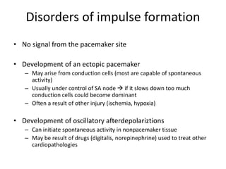 Disorders of impulse formation
• No signal from the pacemaker site
• Development of an ectopic pacemaker
– May arise from conduction cells (most are capable of spontaneous
activity)
– Usually under control of SA node  if it slows down too much
conduction cells could become dominant
– Often a result of other injury (ischemia, hypoxia)
• Development of oscillatory afterdepolariztions
– Can initiate spontaneous activity in nonpacemaker tissue
– May be result of drugs (digitalis, norepinephrine) used to treat other
cardiopathologies
 
