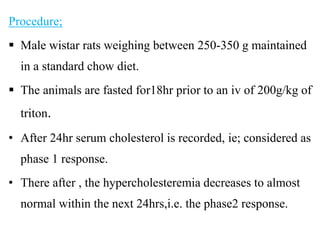 Procedure;
 Male wistar rats weighing between 250-350 g maintained
in a standard chow diet.
 The animals are fasted for18hr prior to an iv of 200g/kg of
triton.
• After 24hr serum cholesterol is recorded, ie; considered as
phase 1 response.
• There after , the hypercholesteremia decreases to almost
normal within the next 24hrs,i.e. the phase2 response.
 