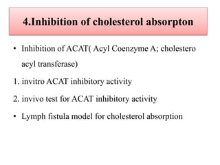 4.Inhibition of cholesterol absorpton
• Inhibition of ACAT( Acyl Coenzyme A; cholestero
acyl transferase)
1. invitro ACAT inhibitory activity
2. invivo test for ACAT inhibitory activity
• Lymph fistula model for cholesterol absorption
 