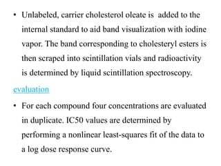 • Unlabeled, carrier cholesterol oleate is added to the
internal standard to aid band visualization with iodine
vapor. The band corresponding to cholesteryl esters is
then scraped into scintillation vials and radioactivity
is determined by liquid scintillation spectroscopy.
evaluation
• For each compound four concentrations are evaluated
in duplicate. IC50 values are determined by
performing a nonlinear least-squares fit of the data to
a log dose response curve.
 