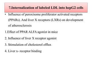 7.Internalization of labeled LDL into hepG2 cells
• Influence of peroxisome proliferator activated receptors
(PPARs). And liver X receptors (LXRs) on development
of atherosclerosis
1.Effect of PPAR ALFA agonist in mice
2. Influence of liver X receptor agonist
3. Stimulation of cholesterol efflux
4. Liver x- receptor binding
 