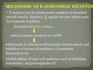 MECHANISM OF Β-ADRENERGIC RECEPTOR
• β receptors are the predominant receptors in bronchial
smooth muscle. Selective β2 agonist are now widely used
for treatment of asthma.
Stimulate adenylyl cyclase,
which leads to relaxation of bronchial smooth muscle and
inhibition of release of mediators of immediate
hypersensitivity.
.
which increases synthesis of cAMP
Inhibits release of mast cell mediators such as histamine,
leukotrienes, and prostaglandin-D2.
 