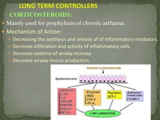  Mainly used for prophylaxis of chronic asthama.
 Mechanism of Action:
 Decreasing the synthesis and release of of inflammatory mediators.
 Decrease infiltration and activity of inflammatory cells.
 Decrease oedema of airway mucosa.
 Decrease airway mucus production.
CORTICOSTEROIDS:
 