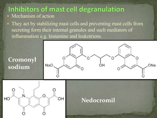  Mechanism of action
 They act by stabilizing mast cells and preventing mast cells from
secreting form their internal granules and such mediators of
inflammation e.g. histamine and leukotriens.
Nedocromil
Cromonyl
sodium
 