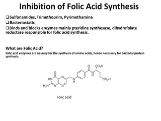 Inhibition of Folic Acid Synthesis
Sulfonamides, Trimethoprim, Pyrimethamine
Bacteriostatic
Binds and blocks enzymes mainly pteridine synthesase, dihydrofolate
reductase responsible for folic acid synthesis.
What are Folic Acid?
Folic acid enzymes are nessary for the synthesis of amino acids, hence necessary for bacterial protein
synthesis.
Folic acid
 