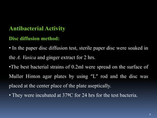 Antibacterial activity of adhatoda vasica and zingiber officinale | PPTX